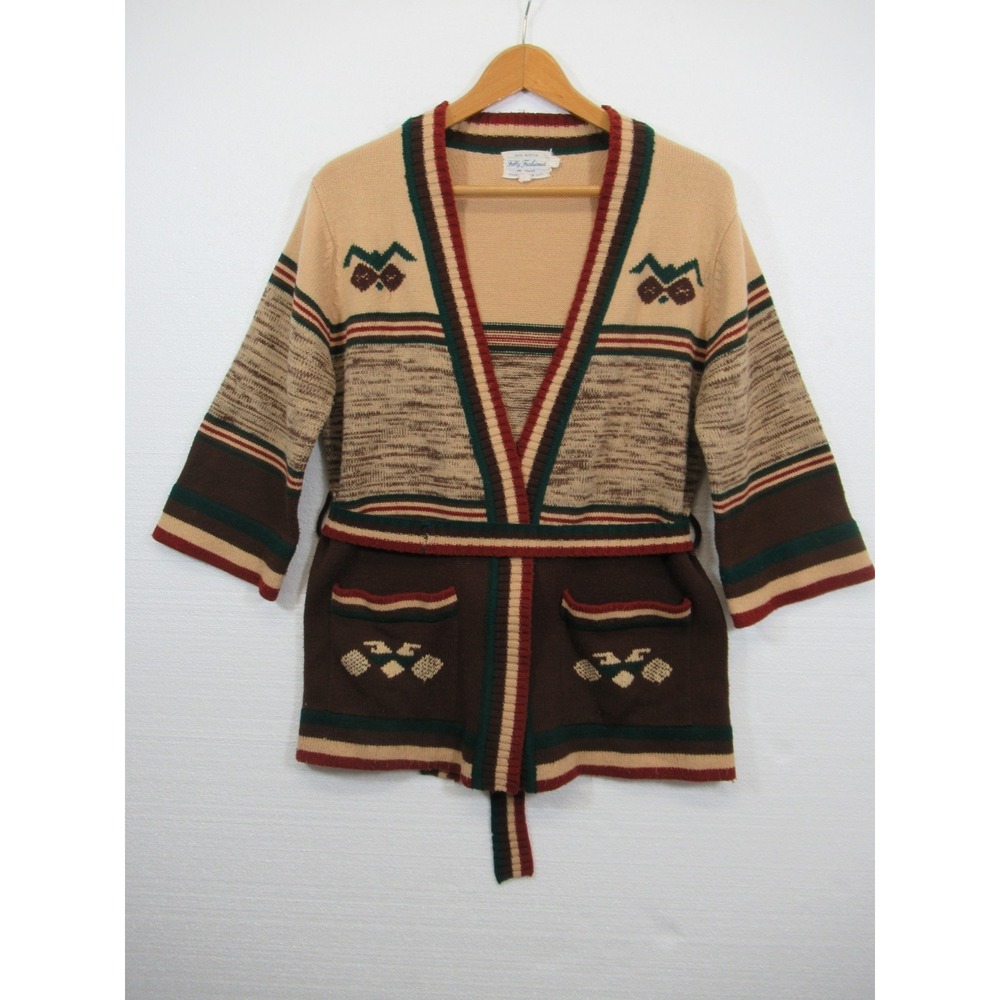 Vintage 70s Belted Cardigan Sweater Women L Brown/Beige Pockets Fully Fashioned